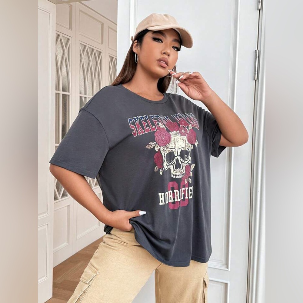SHEIN Coolane Plus Skull & Letter Graphic Drop Shoulder Tee Size S MWOT - Picture 6 of 7